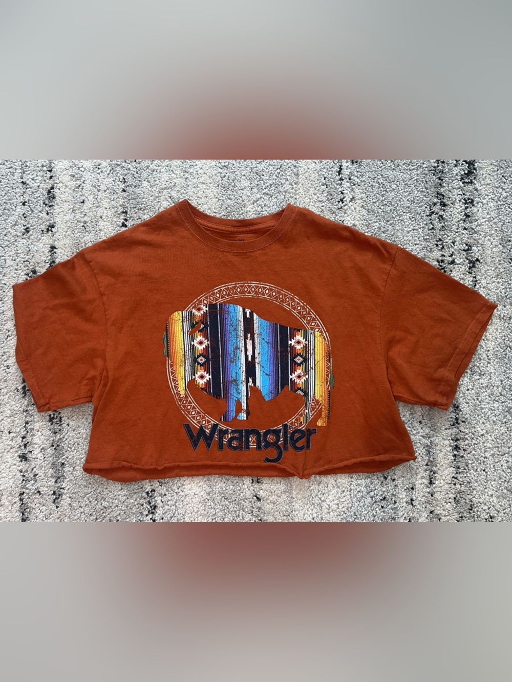 Wrangler Rust Orange Crop Graphic Tee with Multicolor Buffalo Print